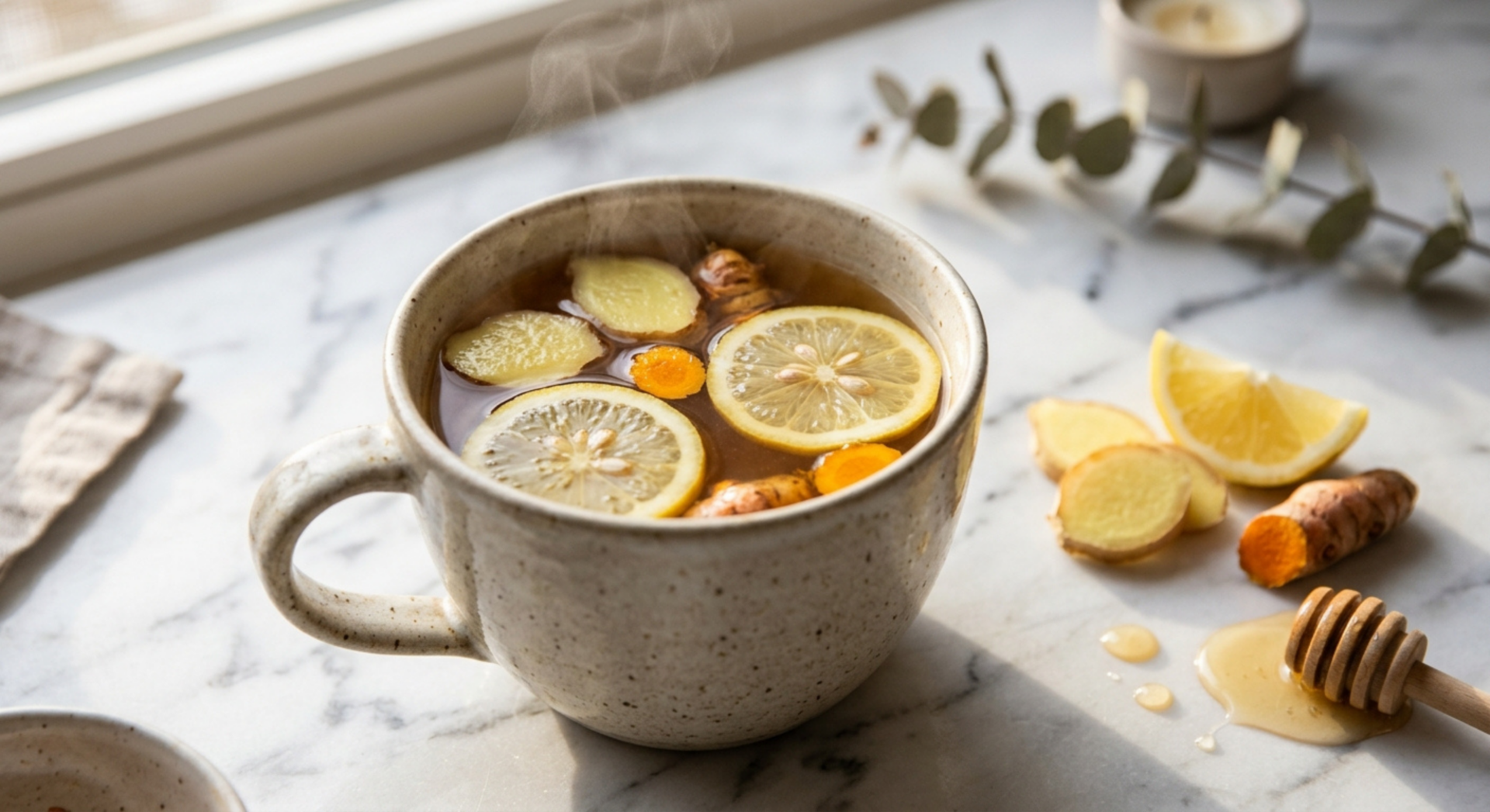 Mug of golden anti-inflammatory tea with turmeric, ginger and lemon