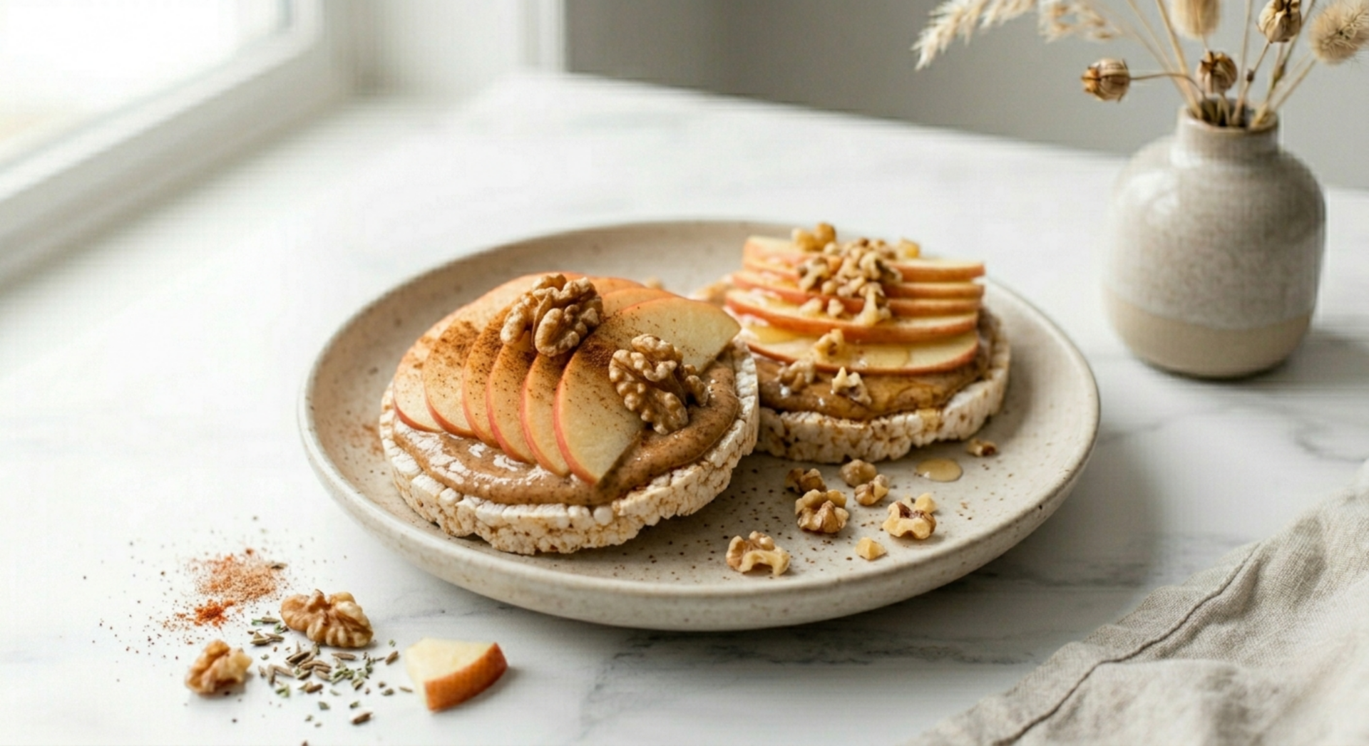 Apple cinnamon rice cakes topped with almond butter and apple slices