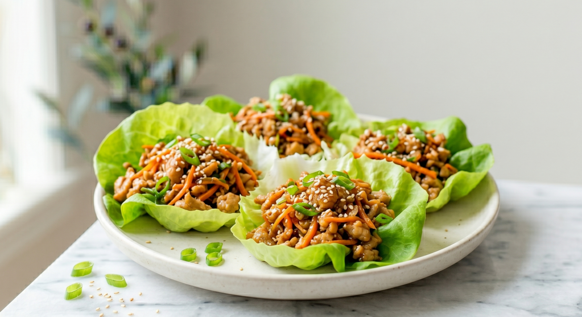 Chicken lettuce cups filled with spiced mince, spring onion and sesame