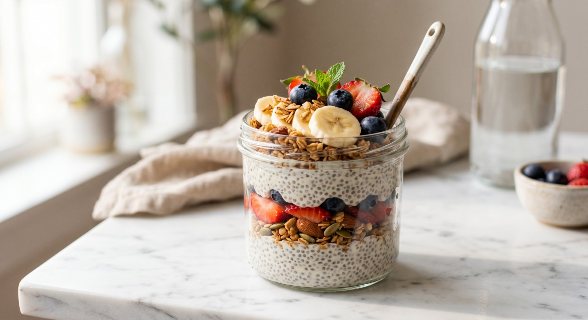 Layered chia pudding parfait in a jar with yoghurt, berries and granola