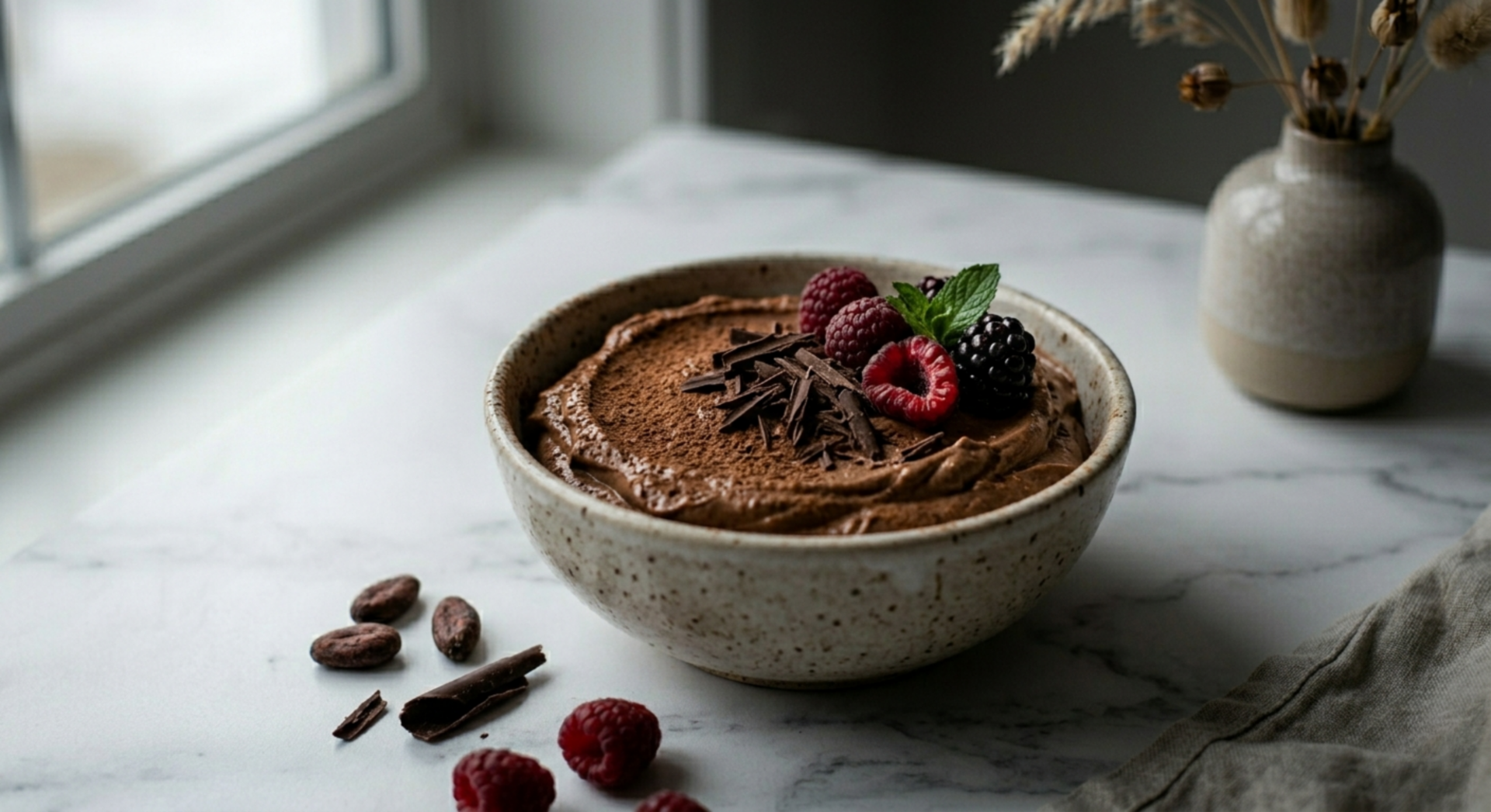 Chocolate avocado mousse in glasses topped with berries and cacao nibs