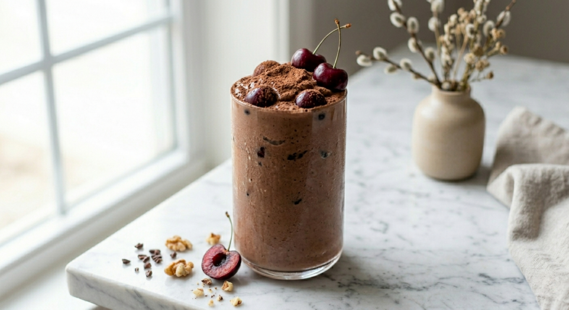 Thick cherry protein shake in a glass topped with cacao nibs