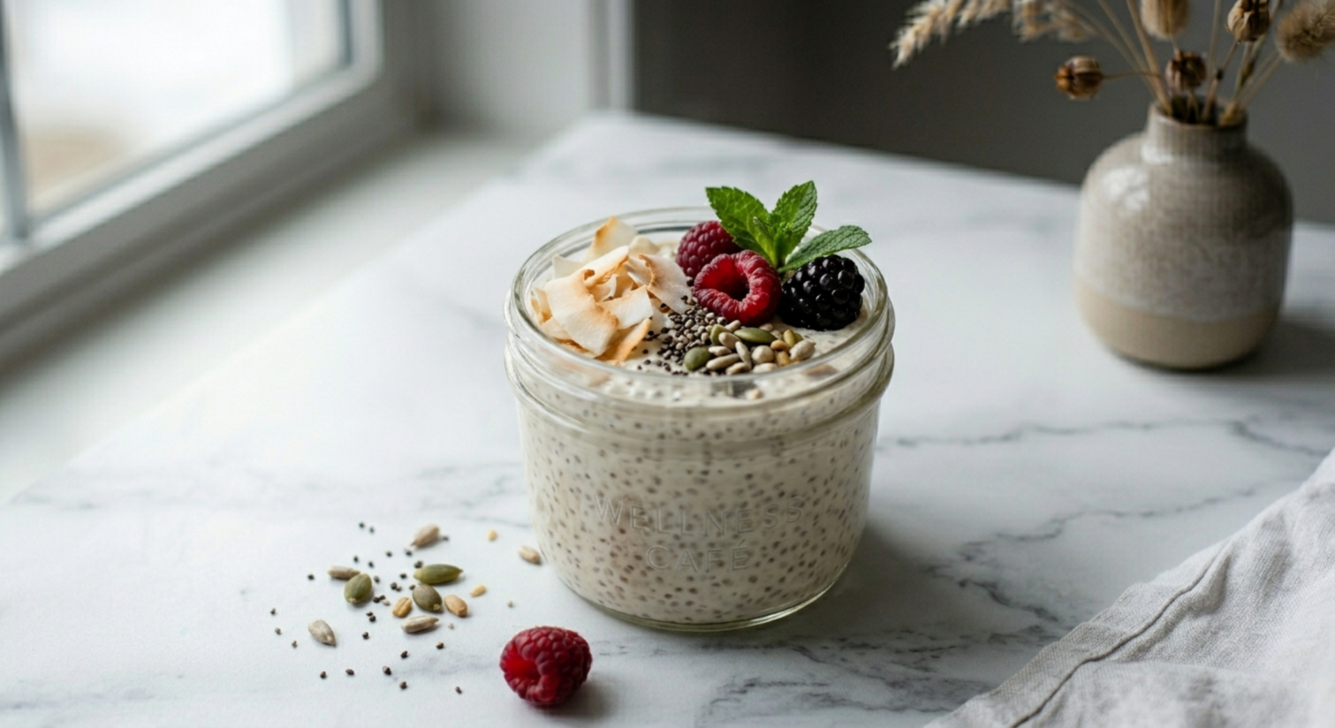 Coconut chia pudding in a jar topped with mango and toasted coconut
