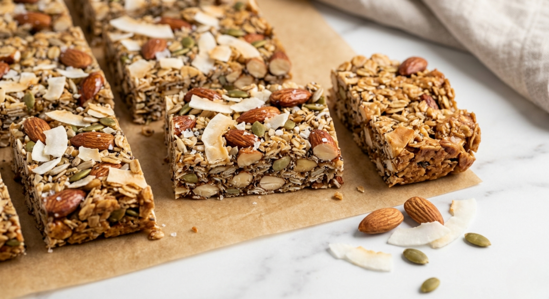 Almond protein bars cut into squares with dark chocolate drizzle