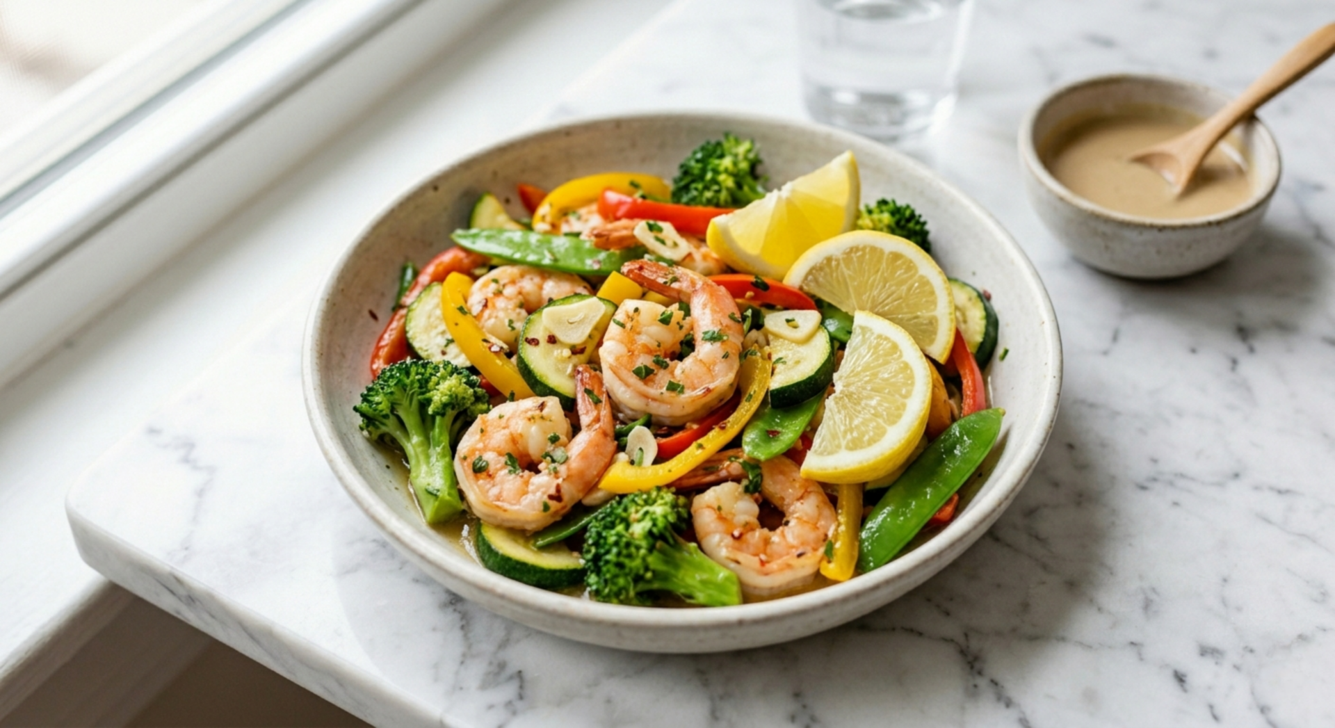 Garlic lemon shrimp stir fry with broccolini and capsicum in a pan