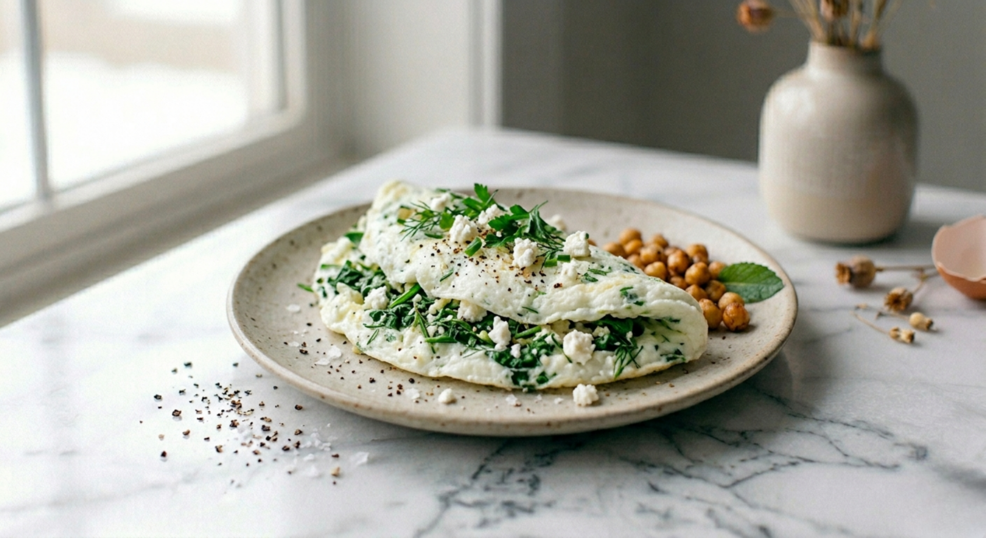 Egg white omelette folded on a plate with spinach, tomato and feta