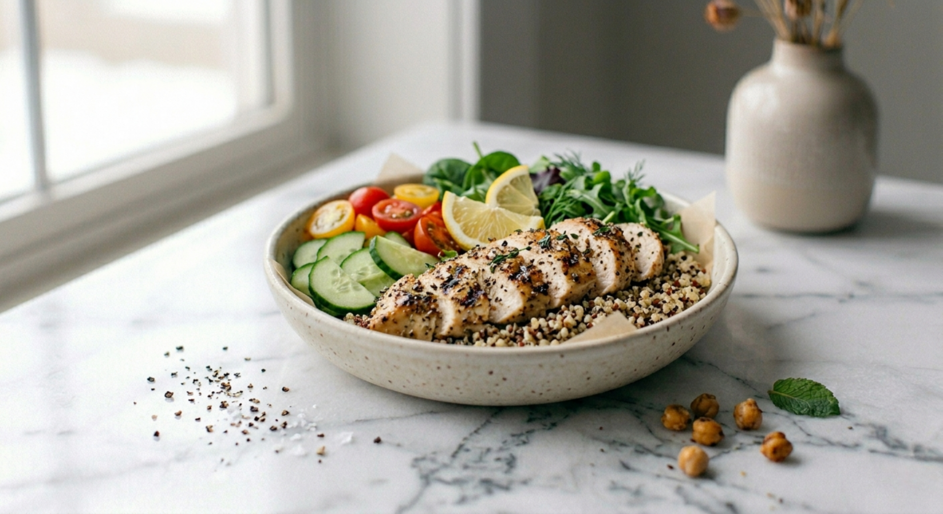 Lemon herb chicken quinoa bowl with rocket, cucumber and yoghurt dressing