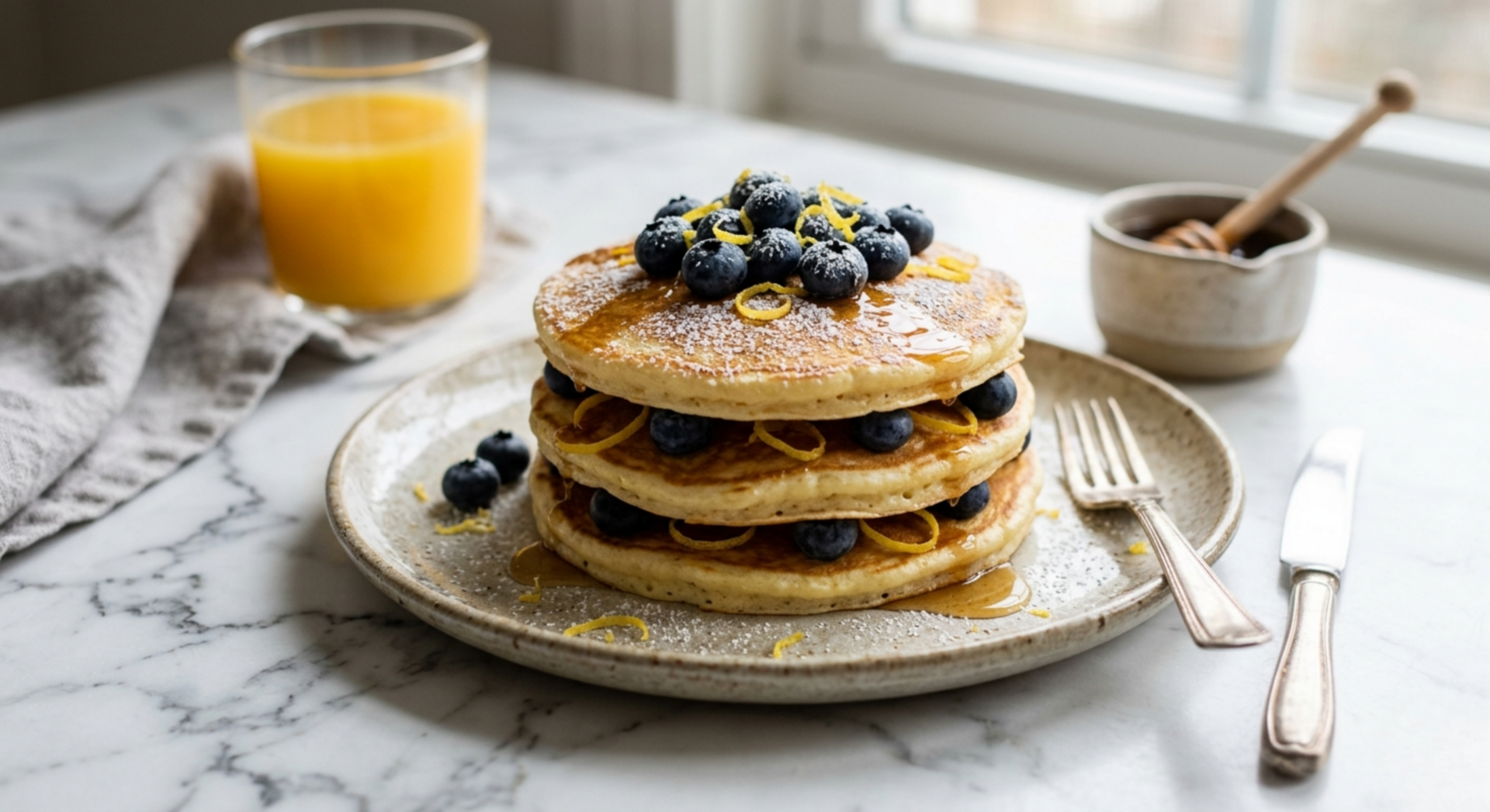 Stack of lemon ricotta pancakes with berries and maple syrup