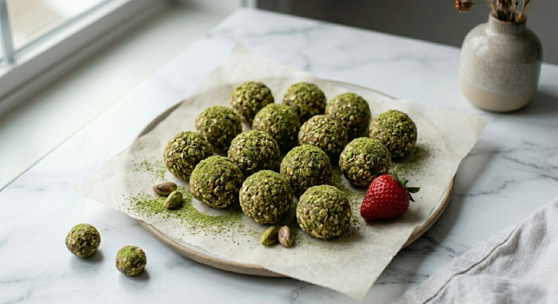 Matcha bliss balls rolled in coconut on a plate with lime zest