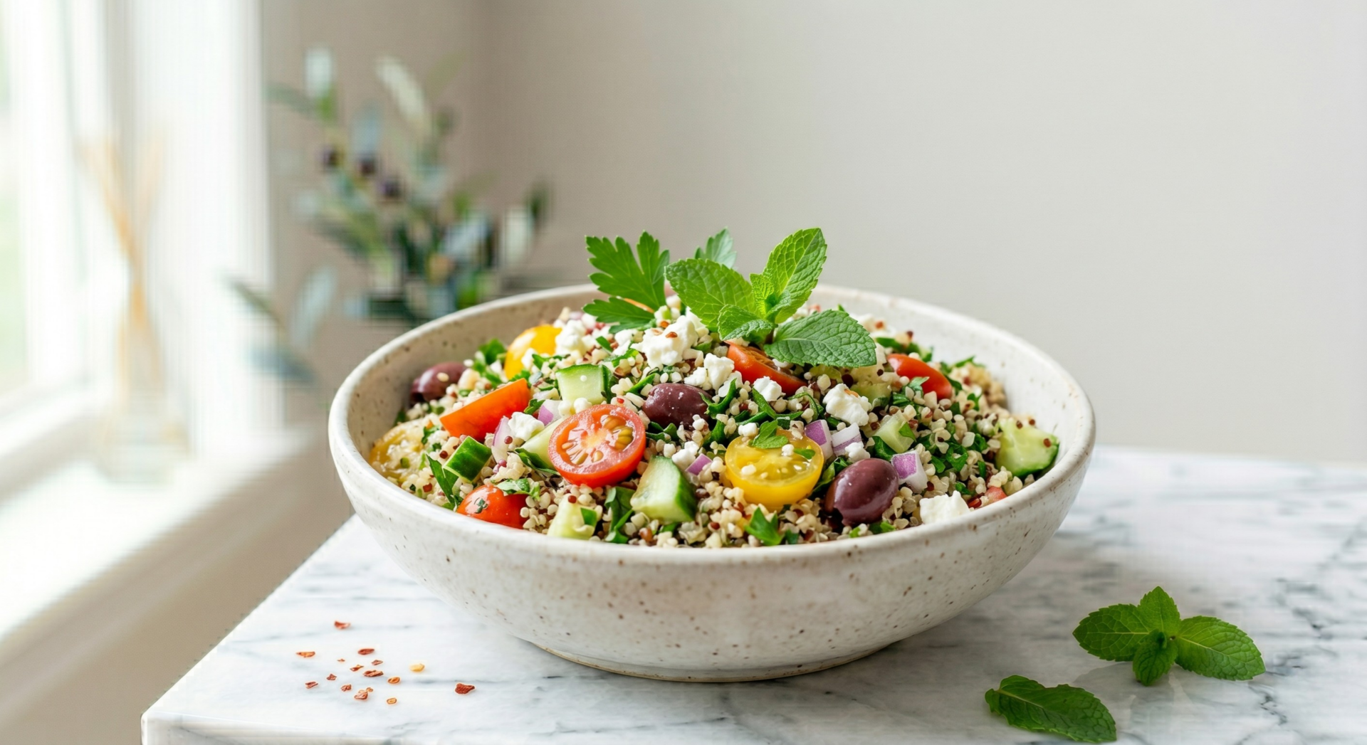 Mediterranean quinoa salad with cucumber, tomato, olives and feta