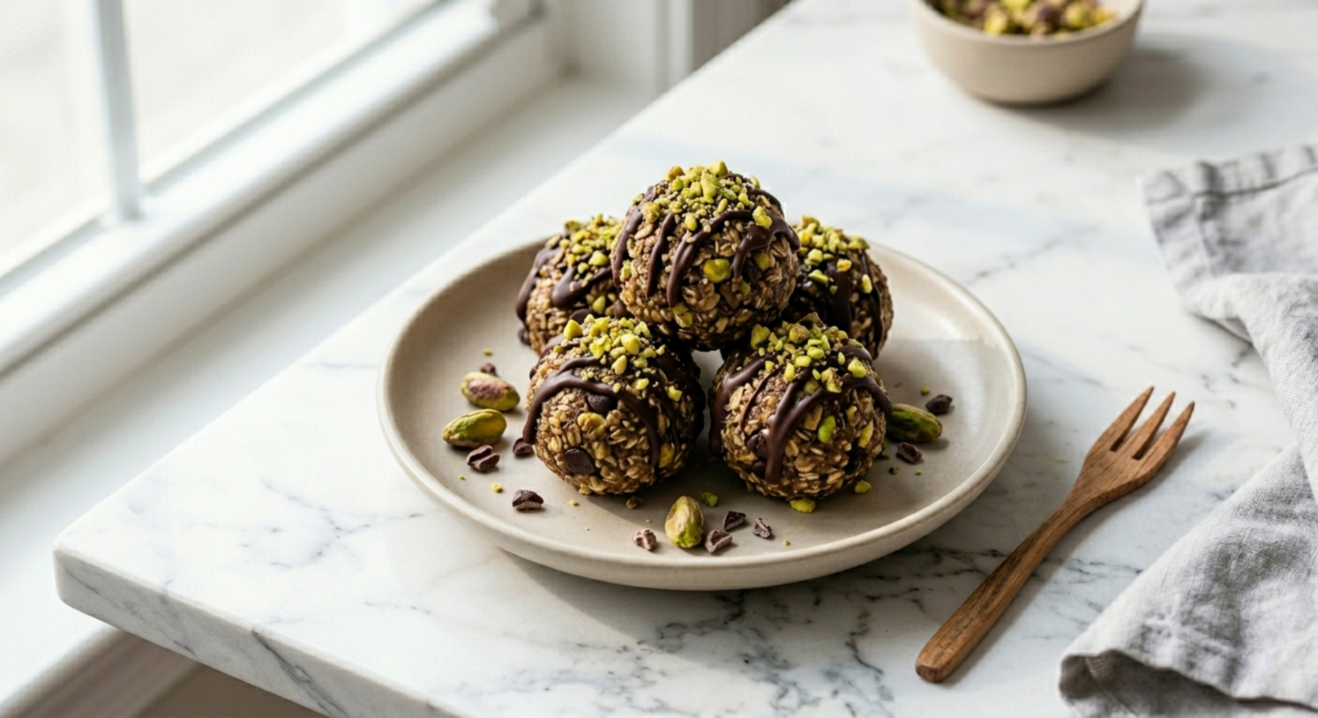 Pistachio energy bites rolled in chopped pistachios on a plate