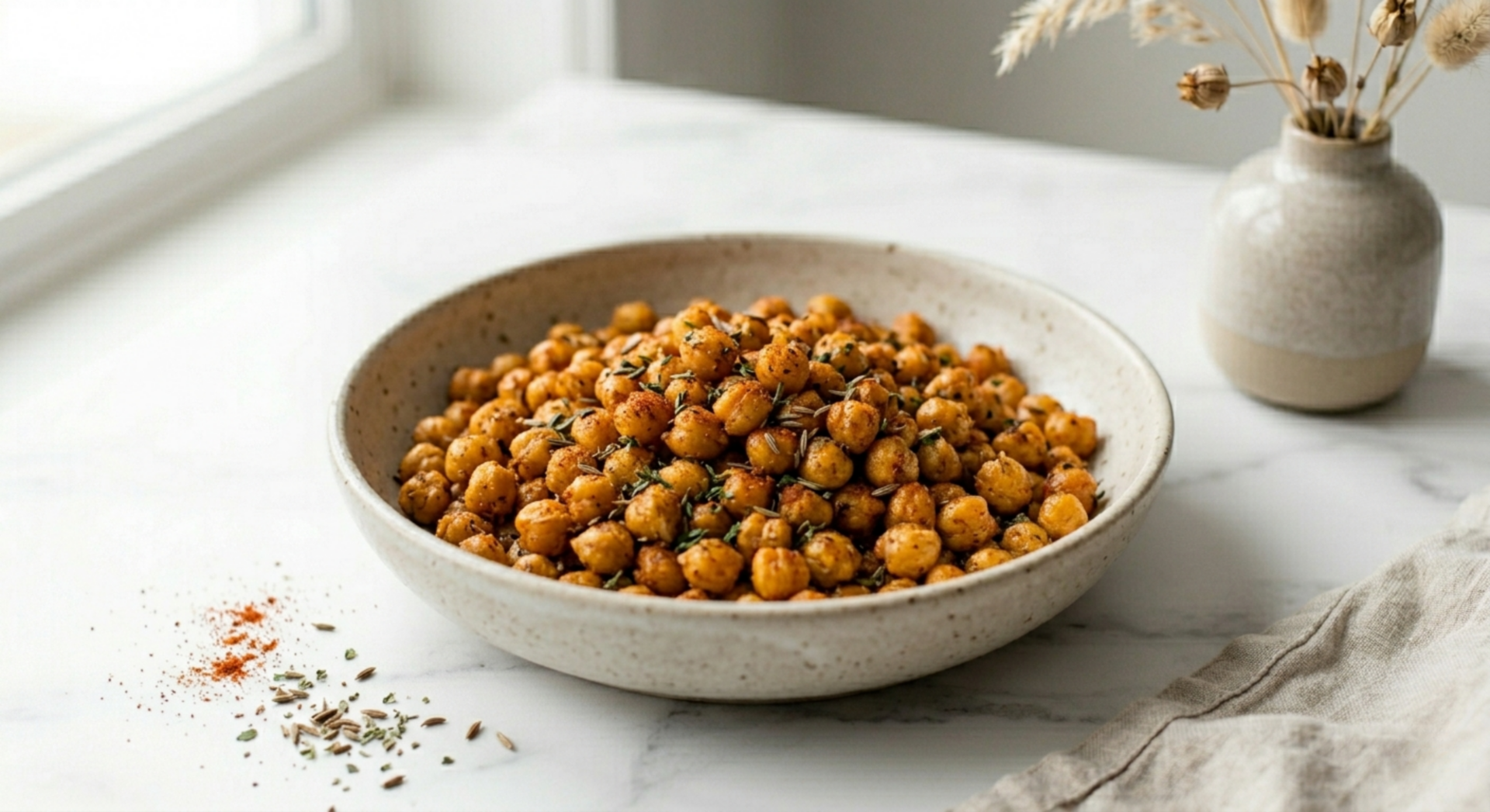 Spiced roasted chickpeas on a baking tray with paprika and cumin