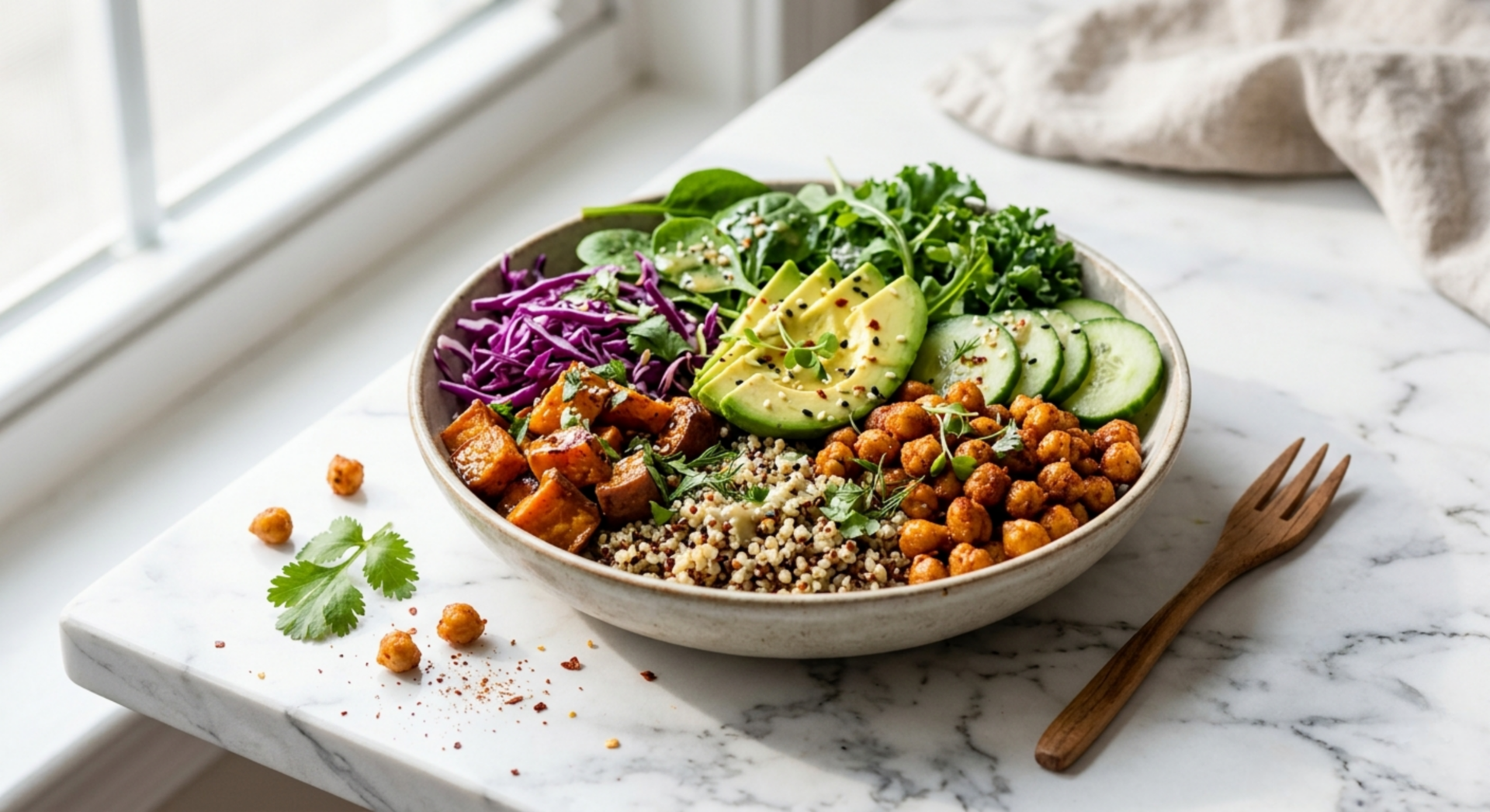 Spicy glow bowl with sweet potato, crispy chickpeas, kale and avocado