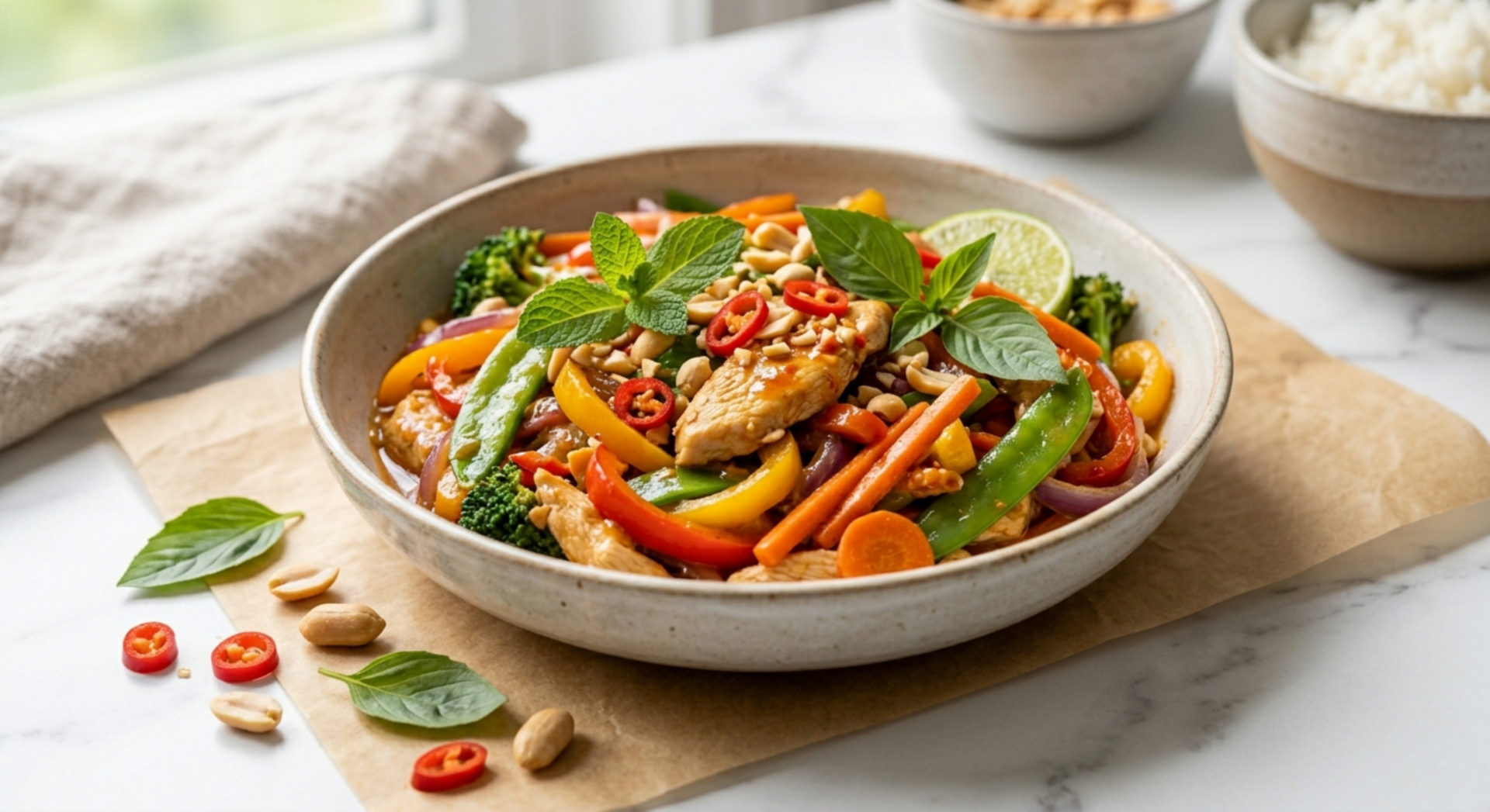 Thai chicken stir fry with capsicum, snow peas and basil in a wok